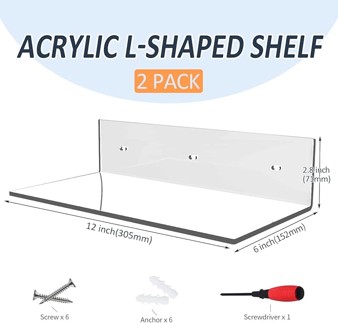 12 Inches Acrylic Wall Shelves 2 Pack, Floating Shelf for Wall Mounting, Acrylic Display Ledges for Funko Pop Figures, Home Décor, Living Room, Gaming Room, Plants(12 inch, Clear)