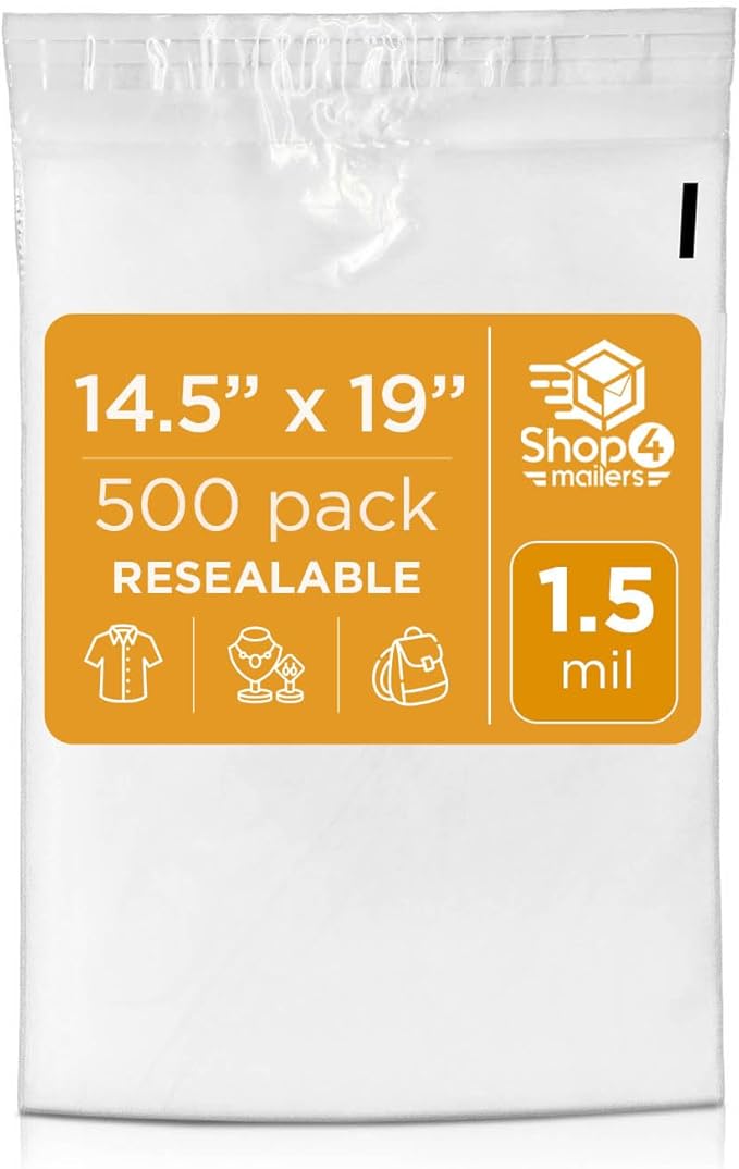 Shop4Mailers 14.5 x 19 Clear Plastic Poly Bags 1.5 Mil Self Seal Packaging for Apparel, Jewelry, Documents, Prints, Gifts, Storage – Resealable (500 Pack)