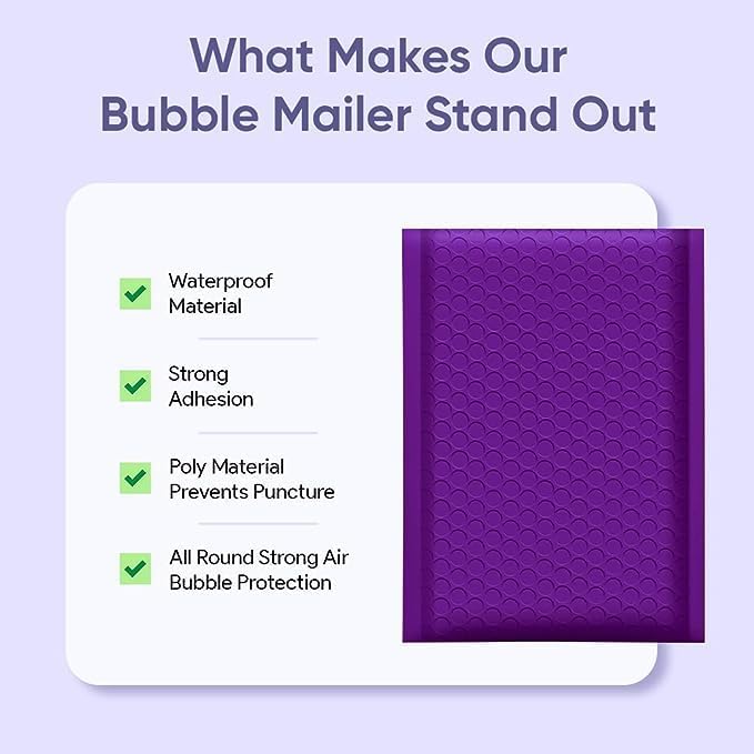 Purple Bubble Mailers #7 Extra Large Poly Mailers 14.5x19 Inch. Bubble Lined Cushioned Poly Mailer. Usable Size 14.25x19 Tear/Water/proof, Lightweight Padded Envelopes/Bags. Bulk 50 pack