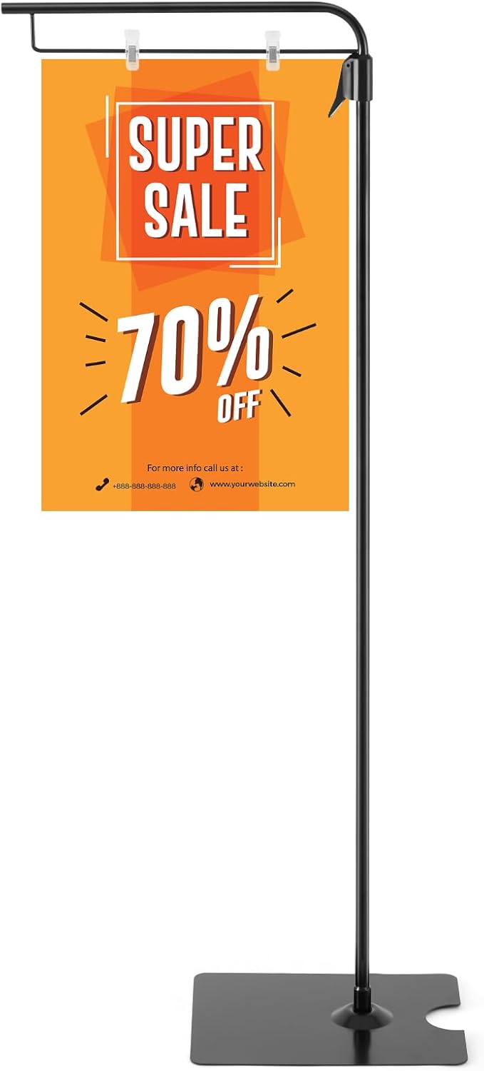 Blulu 1 Pcs Adjustable Hanging Poster Stand Sign Holder 43-87 Inch Pallet Floor Standing Poster Display Black Heavy Duty Double Sided Clip on Mobile Banner Stand with Base for Outdoor Hanging Display