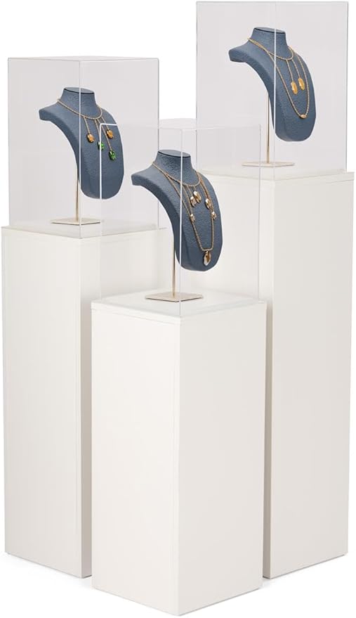 Displays2go Pedestal Display Stands with Contemporary Tiered Design and Recycled Acrylic Topper (PEDWDWH3)