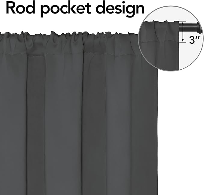 Easy-Going Rod Pocket Blackout Curtains for Bedroom, Room Darkening Window Curtains for Living Room, Thermal Insulated Noise Reduction Solid Window Drapes, 2 Panels(42x45 in, Gray)