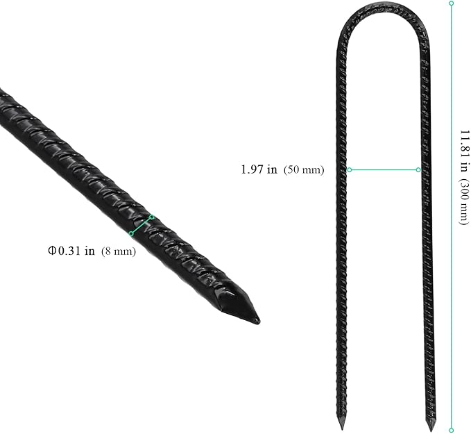 U Shaped Trampoline Stakes, Black Steel, 12 Inch, 20 Pack, Ground Anchors for Tents, Position Kits, Fences