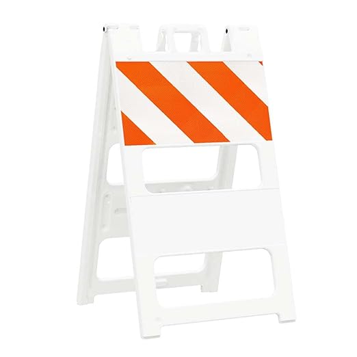 Plasticade All-Plastic A-Frame Type 1 Barricade (12" Top) - High Intensity Prismatic Reflective Sheeting, Durable, High-Visibility Traffic Control Solution with Built-in Handle, and Click Lock Hinges