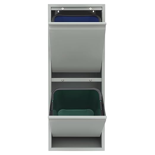 Recycling Trash Cabinet with 2 Bins & Tilt-Out Door – 15-Gallon Stainless Steel Organizer for Kitchen, Garage – Dual Waste Sorting System for Homeowners (Grey)