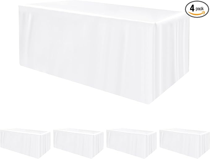 HolidayIdeas Fitted Tablecloths for 8 Foot Rectangle Table, Wrinkle Resistant Washable White Table Cover 30x96 Inch for Vendor Booth Display, Banquet, Trade Show, 4 Pcs
