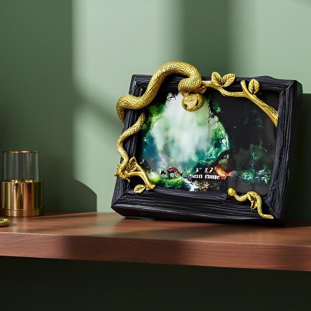Hand-Crafted Resin Snake Picture Frame - 5x7 Inch Mother & Baby Snake Design, Unique Home Decor Wall Art, Wildlife Figurine Display