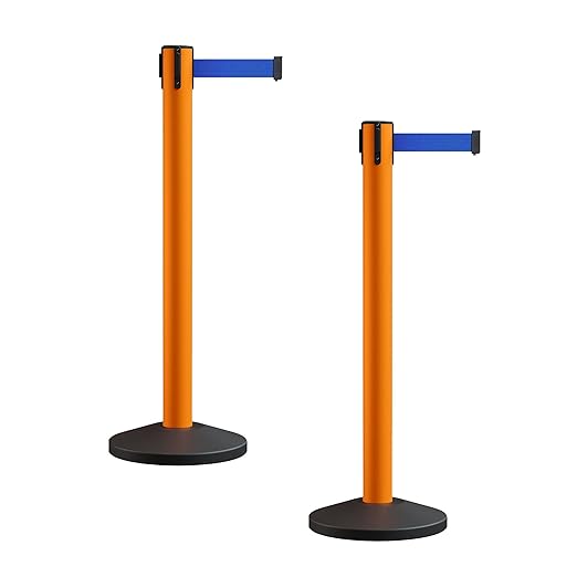 Crowd Control Warehouse CCW Series RBB-150 - Set of 2 Stanchion Retractable Belt Barriers - 16 Foot, Blue Belt with Orange Post - Easy Assembly