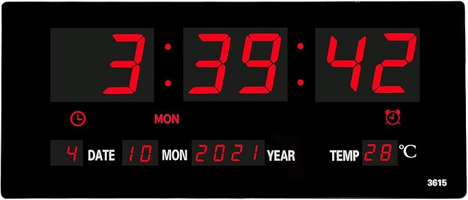 14.1 Inch Red Digital Wall Clock, Date/Day/Temperature Display, Energy Saving LEDs, Foldable Stand
