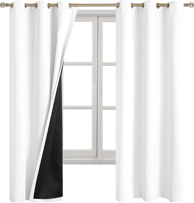 White Blackout Curtains for Bedroom 63 Inch Length, Black Out Thermal Insulated Grommet Window Drapes for Living Room, 2 Panels Set, Each 42 Inch Wide