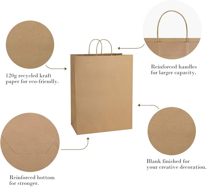 BagDream Paper Bags 13x7x17 50Pcs Large Gift Bags with Handles Bulk, Kraft Recycled Brown Paper Sacks for Shopping, Party Favors, Retail, Merchandise, Grocery
