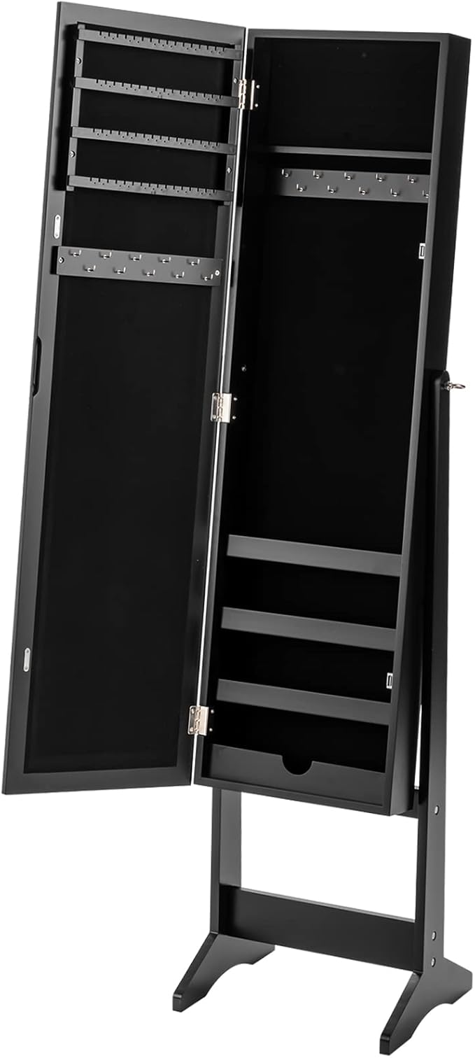 Giantex Jewelry Cabinet with Full-Length Mirror, Standing Jewelry Armoire Organizer with 64 Earring Slots, 72 Ring Slots, 20 Necklace Hooks, 4 Storage Shelves, 3 Angle Adjustable (Black)