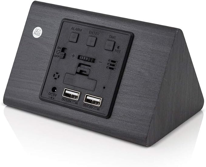 GEARONIC Digital Alarm Clock Wooden Alarm Clock Wood Modern Triangle Alarm Digital Desk Clock, Displays Time Date Temperature Calendar Wood Made Electric Clocks for Bedroom, Bedside - Black
