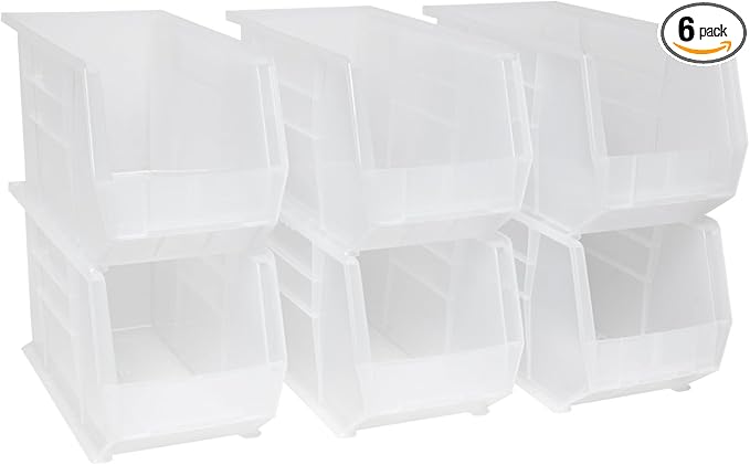 Akro-Mils 30260 AkroBins Plastic Storage Bins, Space-Saving Stackable Bins for Garage, Pantry, Craft Organization, 18" x 11" x 10", Clear, 6-Pack
