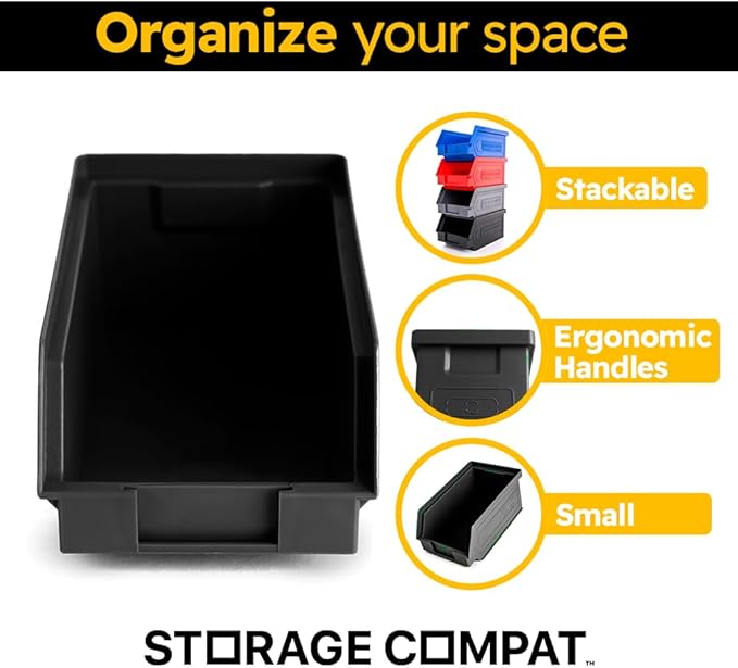 Plastic Storage Bins, Hanging, Stackable, Storage Organizer Bin for Warehouses, Workshops 7-Inch x 4-Inch x 3-Inch (Black, 6-Pack)