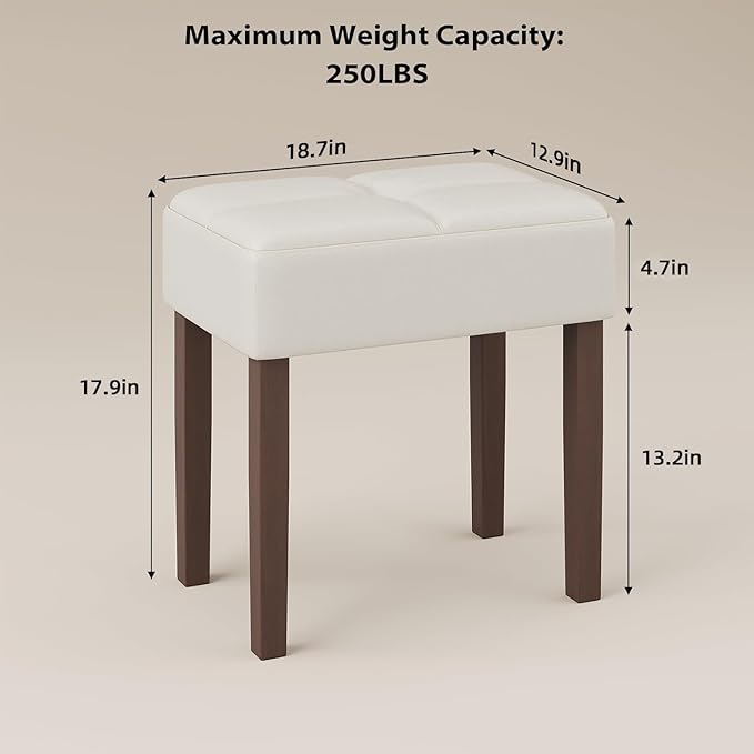 Leather Vanity Stool, 18.7 Inch Wide Rectangle Ottoman Bench for Makeup Room, Vanity Chair with Wood Legs for Piano Room, Bedroom,Living Room with Customizable (Cream)