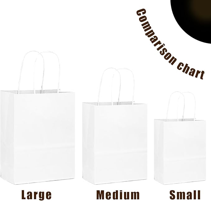 qiqee 100-Packs White Paper Gift Bags with Handles Assorted Sizes(33pcs Large 13", 33pcs Medium 11", 34pcs Small 8")