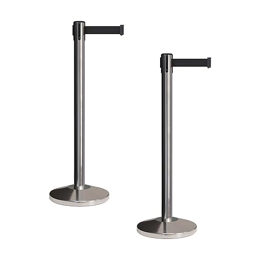 CCW Set of 2 Retractable Belt Barriers Stanchion, Polished Stainless Steel Post, RBB-100 (9 Foot Belt, Black Belt)