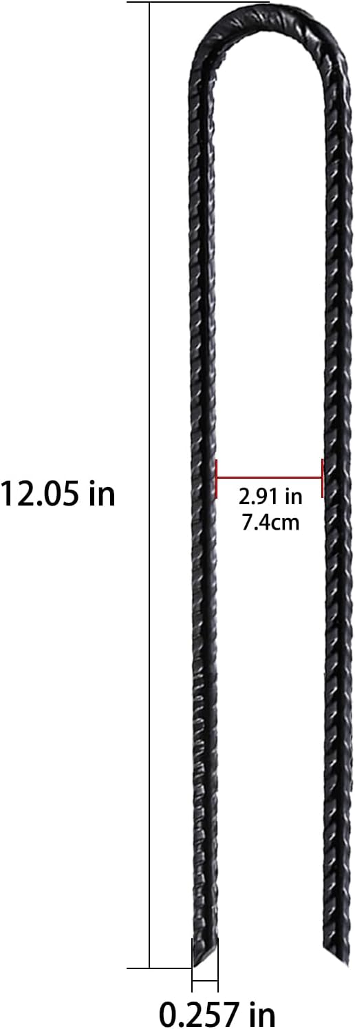 Rebar U/J Hook Extra Heavy Duty, 12 inch x 1/4 inch Rust Proof Coated Steel Ground Anchors for Garden, Tent, Trampoline (10pcs, U-Hook)