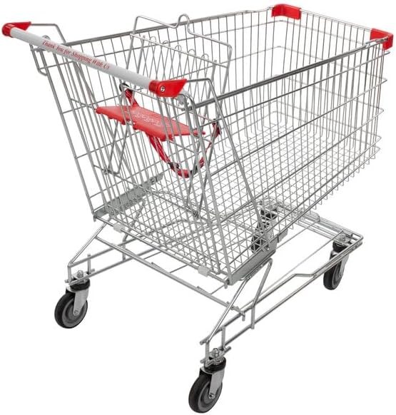 Supermarket Shopping Cart, Silver Metal, 8.5 Cu. Ft. Storage Capacity, 395 lb Weight Limit, 41.7x22.8x40.2 Inches, Child Seat with Safety Belt