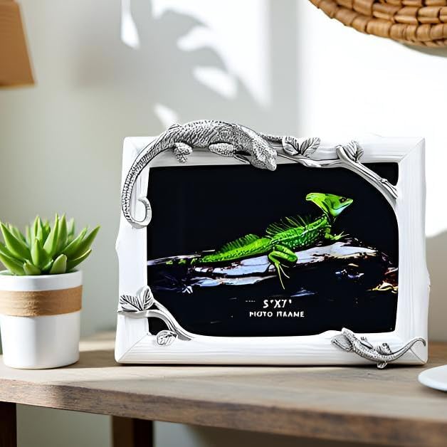 5x7 Inch Lizard Resin Picture Frame - Mother & Baby Wildlife Design, Decorative Tabletop Photo Display, Unique Home Décor Art