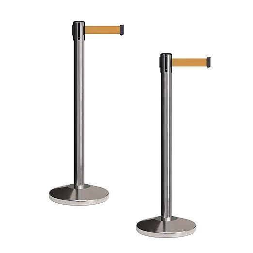 CCW Set of 2 Retractable Belt Barriers Stanchion, Polished Stainless Steel Post, RBB-100 (7.5 Foot Belt, Brown Belt)