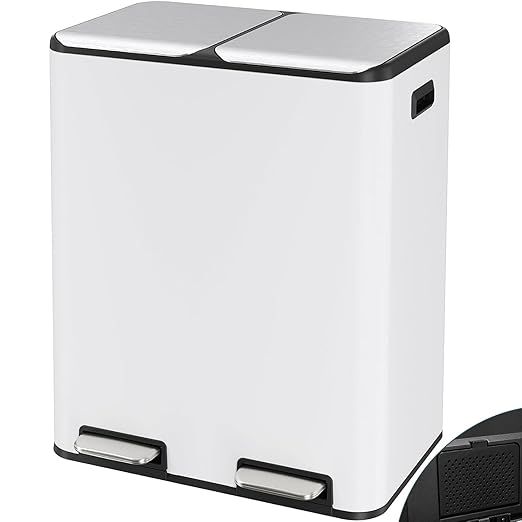 Arlopu 16Gal Dual Trash Can w/2 Built-in Box for Odor Control, Hands-Free Kitchen Garbage Bin, Recycle Waste Dustbin, Soft-Close Lid, 2 Buckets,Foot Pedal, Side Handle, Airtight,for Home (White)