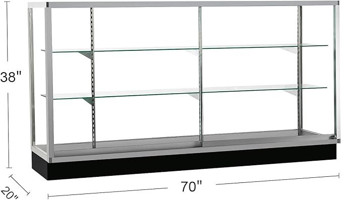 70”D * 20”W * 38”H, Freestanding LED Retail Full Vision Glass Display Case, Silvery Aluminum Frame, Two Adjustable Height Tempered Glass Shelves