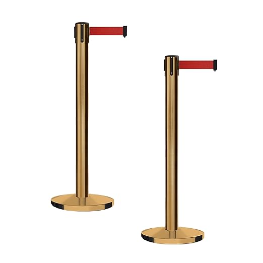 Montour Line MI650 Set of 2 Retractable Belt Barrier Stanchion, Cast Iron Base, Satin Brass Post (16 ft Red Belt)