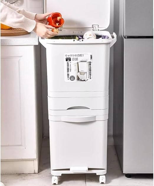 Double Layers Double Barrel Waste Sorting Bin with Wheels & Lid - Large Vertical Garbage Can for Kitchen, Bathroom, Home & Office