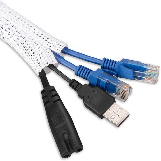 AGPTEK Cable Sleeve Cover, 6.6ft - 2/3 inch Desk Cord Organizer Cable Hider, Home Office Wire Management Computer TV Wire Loom Tubing, Pet Proof Cord Protector, from Cat Dog Chewing, White