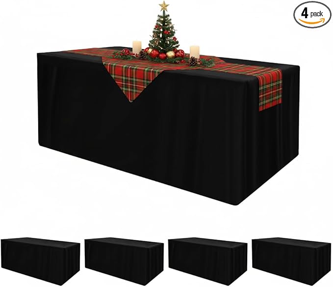 HolidayIdeas Fitted Black Rectangle Table Covers for 8 Foot Tables, Wrinkle Resistant Washable Tablecloths 96x30 Inch for Vendor Booth Display, Banquet, Trade Show, 4 Pcs