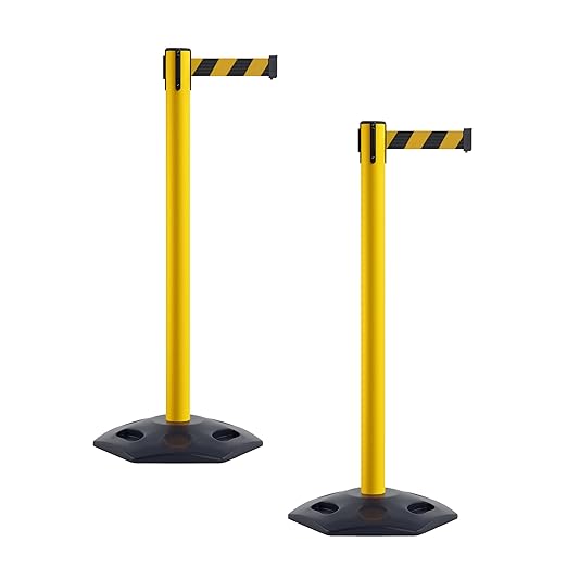 CCW Series WBB-200 Set of 2 Outdoor Safety Rubber Base Stanchion Retractable Belt Barriers - Easy to Assemble, No Tools Required (11 Foot Belt, Black and Yellow Diagonal Belt with Yellow Post)