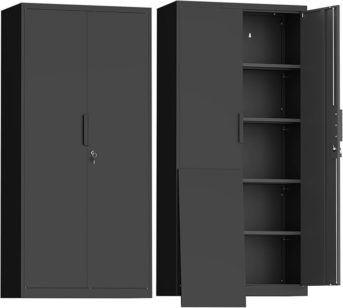 Metal Garage Storage Cabinets,Locking Garage Cabinets with 2 Door and 4 Adjustable Shelves,Steel Tall Cabinet for Home Office,Warehouse,School,Black
