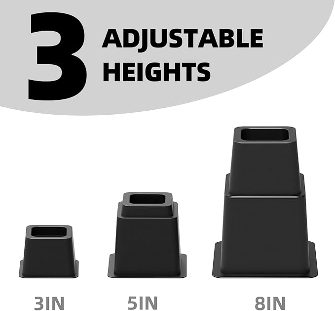 3, 5 or 8 inch Bed Risers Heavy Duty, Adjustable Furniture Risers for Bed, Sofa, Table, Chair, Support up to 1500 Lbs (Set of 9, Black)
