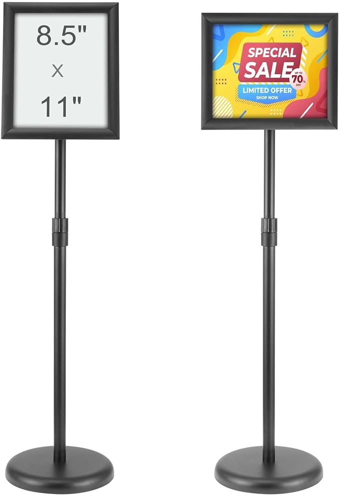 VEVOR Pedestal Sign Holder, 8.5 x 11 Inch Vertical and Horizontal Adjustable Poster Stand, Heavy-Duty Floor Standing Sign Holder with Round Base for Display, Advertisement, and Outdoor, Black