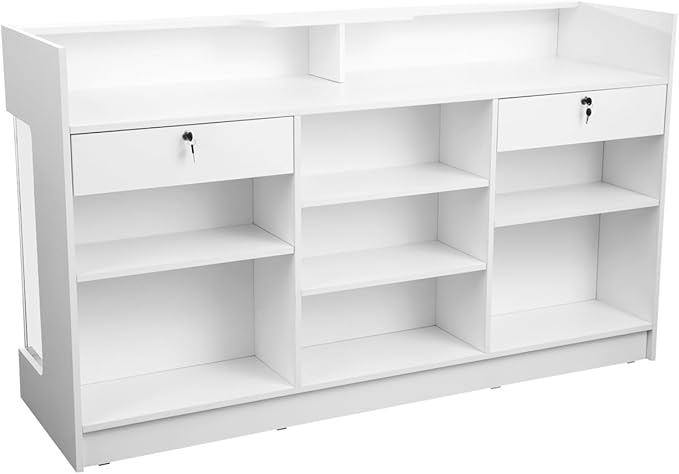 72" W x 22" D x 42" H - Ledgetop Checkout Counter with Glass Showcase View Front, White Wooden Cash Register Stand with Showcase,Retail Glass Display Cabinet Counter