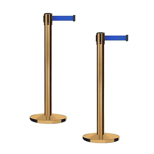 Montour Line MI650 Set of 2 Retractable Belt Barrier Stanchion, Cast Iron Base, Satin Brass Post (16 ft Blue Belt)