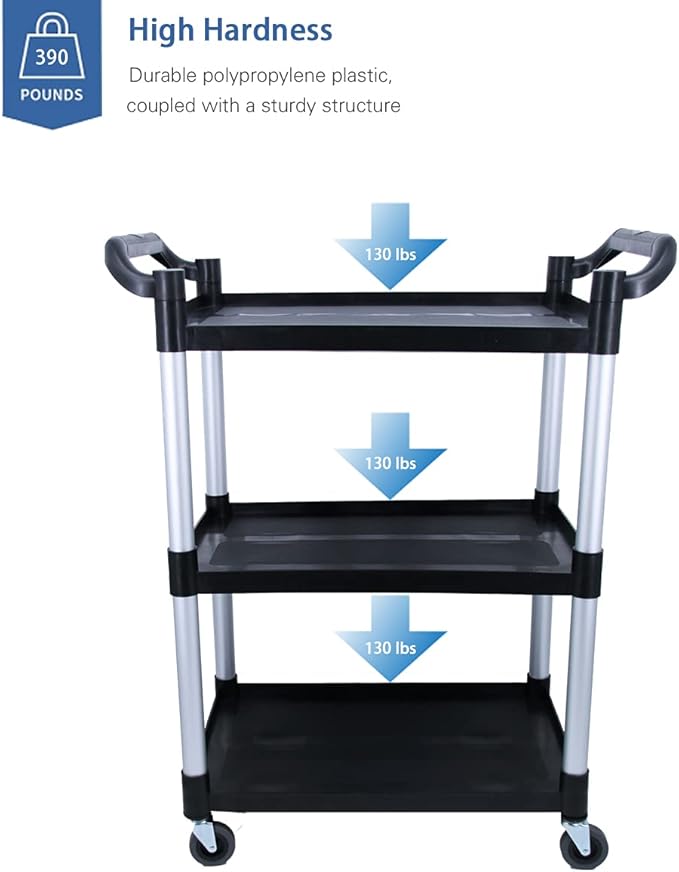 Plastic Utility Cart with Wheels Lockable, Heavy Duty Restaurant Cart, Service Cart for/Home/Office/Warehouse/Kitchen/Workshop,390 Lbs,2 Handles, Black.