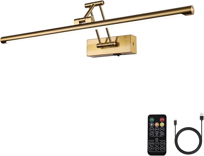 Picture Light Battery Operated with Remote LED Dimmable Picture Light for Paintings, Brass Rechargeable 24 inch Battery Operated Wall Sconce for Art Lighting Gallery Portrait Artwork