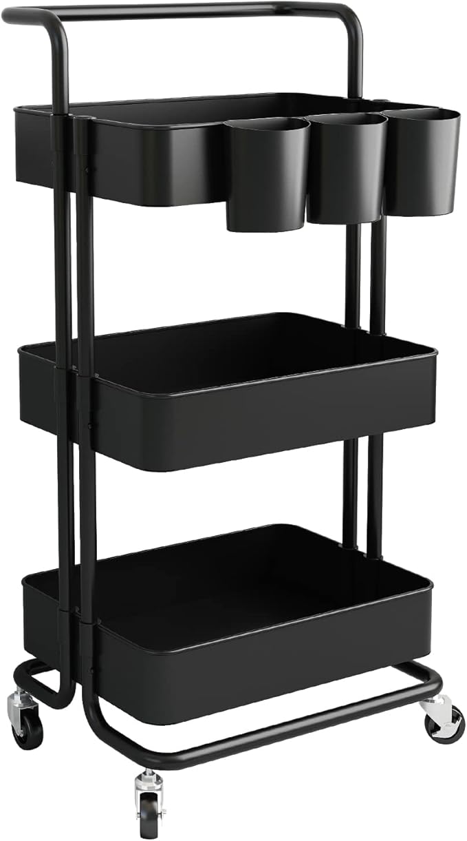 AIYAKA 3-Tier Rolling Utility Storage Cart, Multifunction Trolley Service Cart, with Mesh Basket Handles and Wheels, for Bathroom, Kitchen, Office, Black
