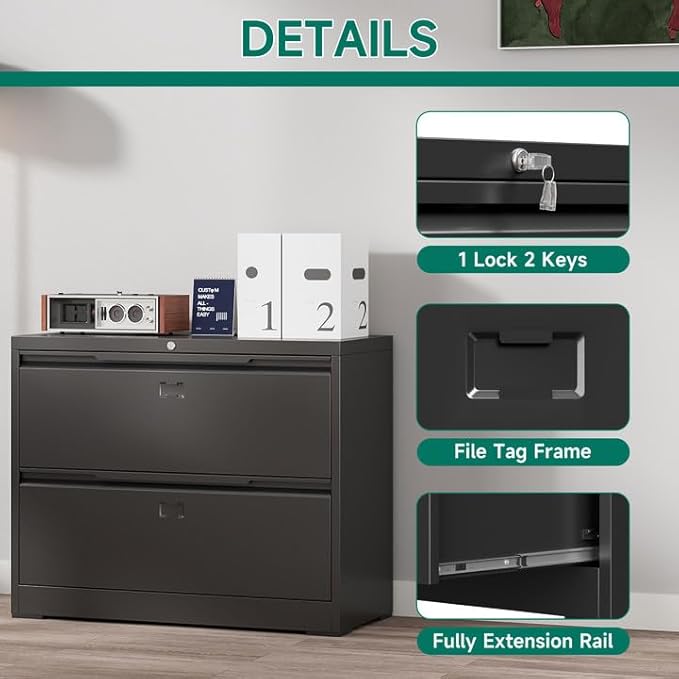 2 Drawer File Cabinet with Lock,Lateral File Cabinet,35.4" W Metal File Cabinets for Home Office,Hanging Files Letter/Legal/F4/A4 Size (Black-Assembly Required)