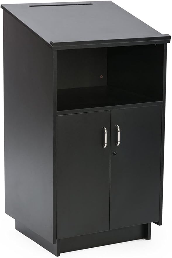 45.5" Tall Podium with Locking Cabinet, Inner Shelf, 25" Wide Angled Surface with Lip (Black)
