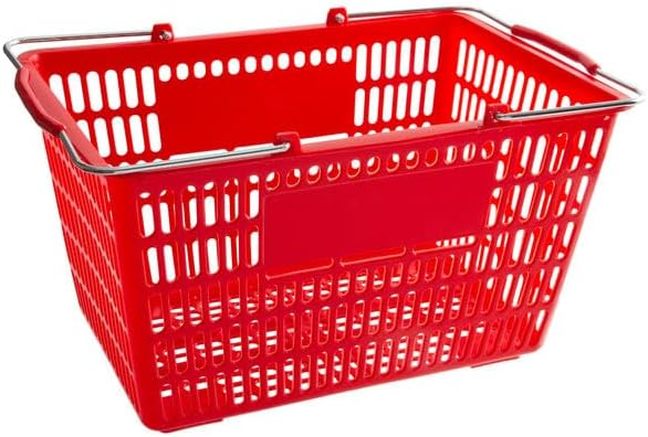 Red Plastic Shopping Basket with Steel Handles, 18 11/16 x 12 3/8 Inch, 32L Capacity, 55 lb Weight Limit, Stackable Design, 12 Pack