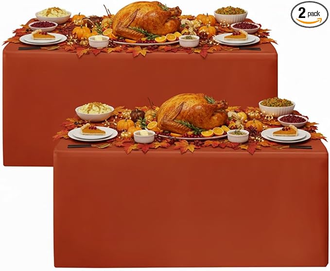 HolidayIdeas 2 Pack Fitted Thanksgiving Tablecloth for 6ft Tables, Rust Table Cover for Holiday Dinner & Buffet, Wrinkle-Resistant Fall Party Decorations for The Home