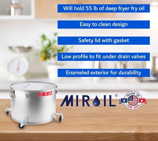 MirOil Filter Pot Combo - Oil Pot & Filter Bag (7 Gallon) – Heavy Duty Steel Disposable Caddy with Castor Wheel and Lid for Commercial Kitchen Storage - Grease Container for Kitchen – Model #60LC
