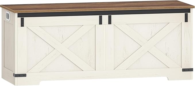 47.2" Storage Chest, Large Storage Trunk with 2 Hinges, Farmhouse Wooden Box Bench, Lift-Top Organizer Chest, Entryway Trunk for Bedroom, Living Room, White and Brown SB12114X