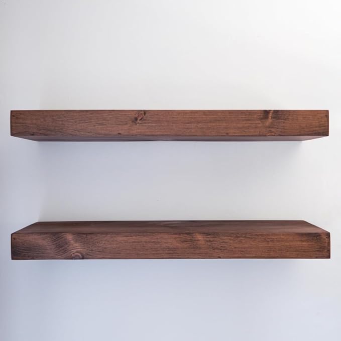 Urbandi Modern Floating Shelves 3 Inches Thick for Wall, Wide Shelves for Kitchen, Living Room, Bedroom, and Bathroom, Natural Pine Wood, Rustic Wooden Shelf, (Set of 2) (Provincial, 36Lx3Hx8D)