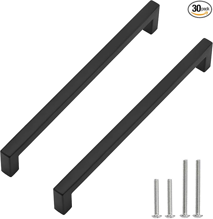 Cabinet Pulls Matte Black Cabinet Handles Square Drawer Pulls, 30 Pack 10 Inch Stainless Steel Kitchen Door Cupboard Cabinet Handles, Black Drawer Hardware Handles, 256mm Hole Centers