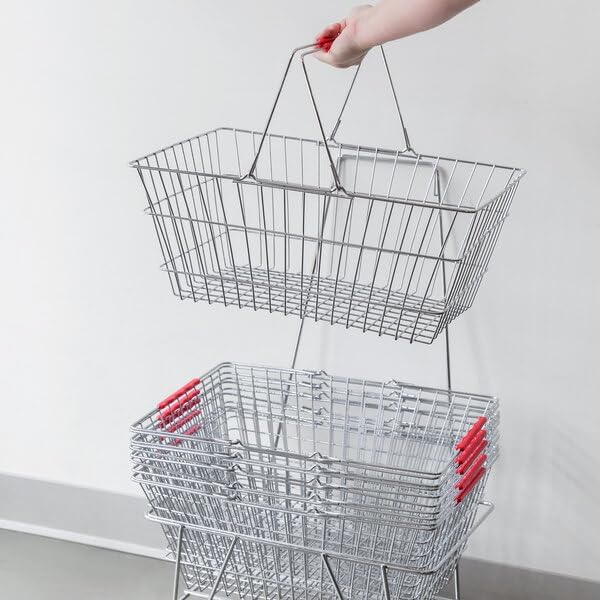 Chrome Shopping Basket with Red Handles, Metal Construction, 17.75 x 12.75 x 7.5 Inches, 40 lb Capacity, Nesting Design for Retail